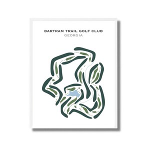 Pode incluir: Uma ilustração minimalista de arte de linha de um layout de campo de golfe. A ilustração está em tons de verde e azul sobre um fundo branco. O texto "Bartram Trail Golf Club, Georgia" está no topo da imagem.