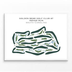 Puede incluir: Un mapa simplificado de un campo de golf, que muestra la disposición de los greens y los fairways. El título dice "Golden Bear Golf Club at Indigo Run, South Carolina".