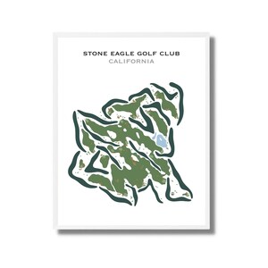 Könnte beinhalten: Eine minimalistische Linienkunst-Illustration eines Golfplatzes mit dem Text "STONE EAGLE GOLF CLUB CALIFORNIA" oben.