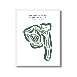 May include: A framed print featuring a golf course map. The map is in shades of green and white, with the text "FOUNTAIN HEAD COUNTRY CLUB MARYLAND" at the top. The design is a minimalist representation of the course layout.