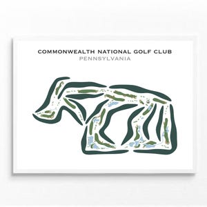 Puede incluir: Una ilustración simplificada de un diseño de campo de golf, que muestra las áreas verdes y los peligros de agua. El texto "COMMONWEALTH NATIONAL GOLF CLUB PENNSYLVANIA" está en la parte superior de la imagen.