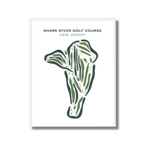 May include: A green and white illustration of a golf course layout, titled "Shark River Golf Course, New Jersey".