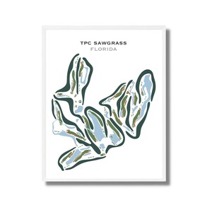 May include: A stylized illustration of a golf course, showing the layout of the greens and fairways. The title "TPC Sawgrass Florida" is printed at the top of the image.