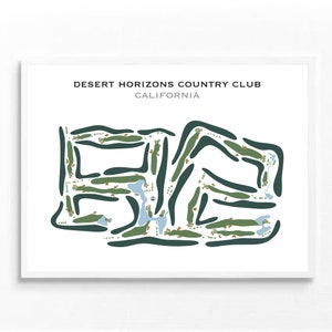 Könnte beinhalten: Eine stilisierte Karte eines Golfplatzes mit grünen Fairways und blauen Wasserflächen. Der Text "DESERT HORIZONS COUNTRY CLUB CALIFORNIA" befindet sich oben auf der Karte.