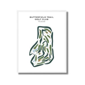 Puede incluir: Una ilustración verde y blanca de un diseño de campo de golf con el texto "Butterfield Trail Golf Club Texas".