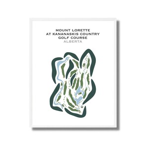 Pode incluir: Impressão emoldurada de um mapa do campo de golfe. A ilustração usa elementos verdes, azuis e brancos. O texto na parte superior diz "Mount Lorette at Kananaskis Country Golf Course Alberta."