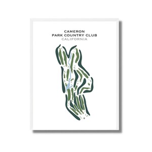 Pode incluir: Uma ilustração verde e branca de um layout de campo de golfe, intitulada "Cameron Park Country Club, Califórnia."