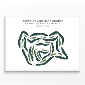May include: A framed print featuring a stylized map of the Tortoise and Hare Course at On Top of the World in Florida. The map is in shades of green and dark green on a white background, with the course name and location printed above.
