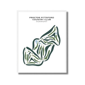 May include: A white framed print with a green and blue illustration of a golf course. The text "Proctor Pittsford Country Club Vermont" is at the top of the print.