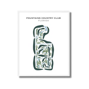 May include: A framed print featuring a golf course map. The map is a stylized representation of Fountains Country Club in Florida, with green and blue shapes indicating fairways, greens, and water features. The text "FOUNTAINS COUNTRY CLUB FLORIDA" is at the top.
