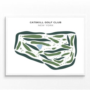 Puede incluir: Una ilustración minimalista de un diseño de campo de golf con colores verde y azul. El texto "CATSKILL GOLF CLUB NEW YORK" está en la parte superior de la imagen.