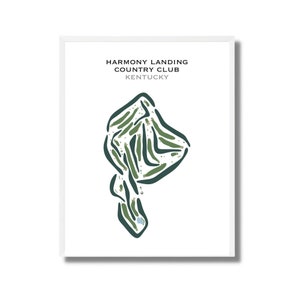 Könnte beinhalten: Eine stilisierte Illustration eines Golfplatzes in Grün- und Weißtönen mit dem Titel "Harmony Landing Country Club, Kentucky".