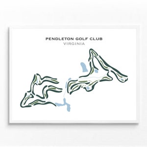 May include: A simplified map of the Pendleton Golf Club in Virginia. The map shows the layout of the golf course with green and blue lines representing the fairways and water hazards.