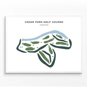 Może przedstawiać: Stylizowana ilustracja pola golfowego Cedar Park w Idaho. Zielone pole golfowe jest obwiedzione czarną linią i ma niebieską cechę wodną.