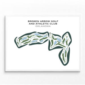Puede incluir: Una impresión enmarcada que presenta un mapa de un campo de golf. El mapa es una ilustración estilizada con calles verdes, elementos de agua azules y un fondo blanco. El texto "BROKEN ARROW GOLF AND ATHLETIC CLUB OKLAHOMA" está en la parte superior.