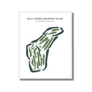 以下が含まれることがあります： 「MILL RIVER COUNTRY CLUB CONNECTICUT」というテキストが上部に書かれた、ゴルフコースのレイアウトの白黒イラストです。