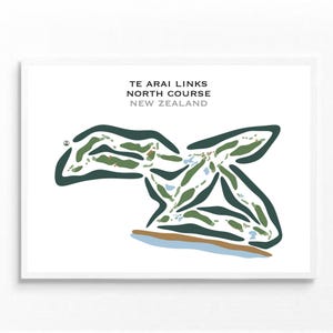 Te Arai Links - North Course, Nieuw-Zeeland | Golfbaankaart, golfkaart, golfer cadeau voor hem, cadeau golfer vriendje, kunstdruk INGELIJSTE