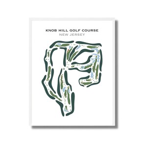 May include: A black and white illustration of a golf course layout with the text "Knob Hill Golf Course New Jersey". The course is depicted in green and blue, with water features and trees.
