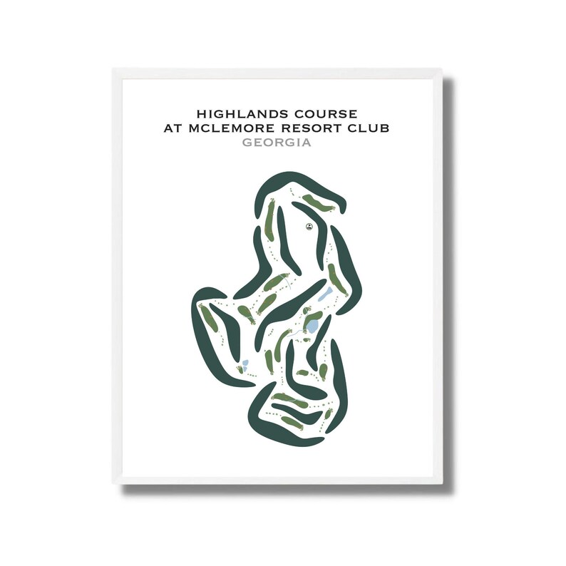 May include: A framed print showing a golf course map. The map is an abstract design in green and blue on a white background. Text at the top reads "Highlands Course at McLemore Resort Club Georgia."