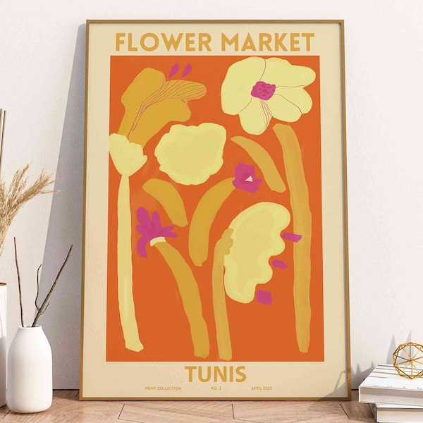 Mercado de flores Túnez, Impresión de mercado de flores, Cartel de mercado de flores, Pared de flores, Regalo de floristería, Arte de decoración del hogar, Floristería, Impresión de flores