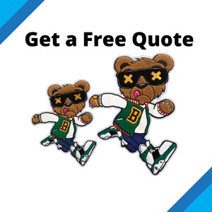 May include: Two embroidered patches of brown bears wearing green jackets with a letter "B" on the front. The bears are wearing sunglasses with an "X" pattern. The larger bear is running with its right leg raised. The smaller bear is running with its left leg raised. Both bears have a tongue sticking out.