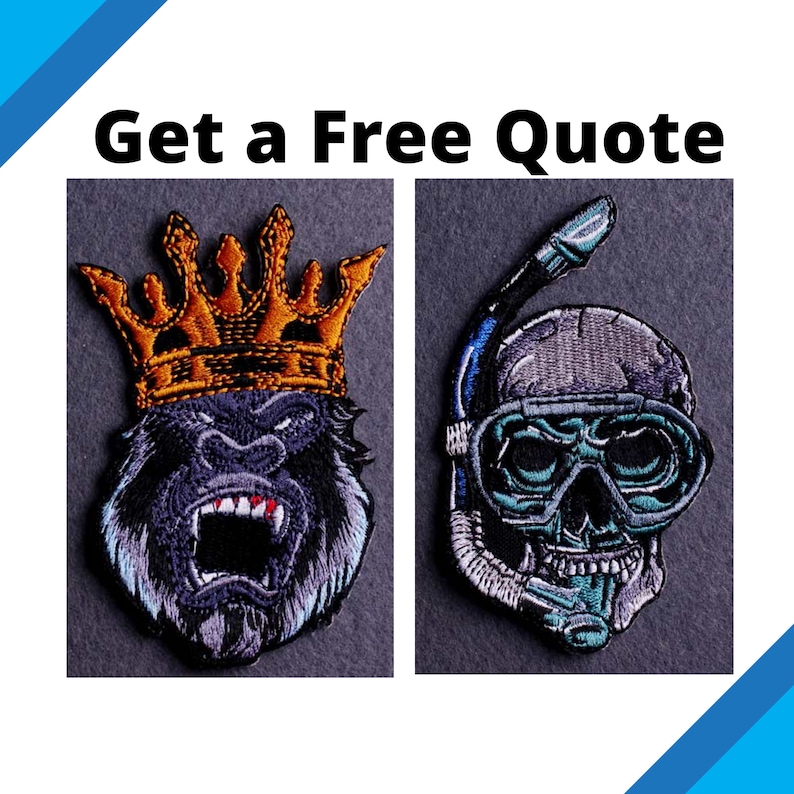 May include: Two embroidered patches, one featuring a gorilla wearing a gold crown and the other a skull wearing a scuba mask. The patches are on a grey background.