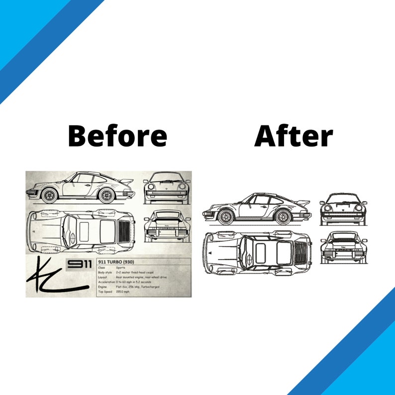 Pu&ograve; includere: Un disegno in bianco e nero di una Porsche 911 Turbo (1980) con le specifiche elencate di seguito. Il disegno mostra l'auto da diverse angolazioni, tra cui le viste laterale, frontale e posteriore.