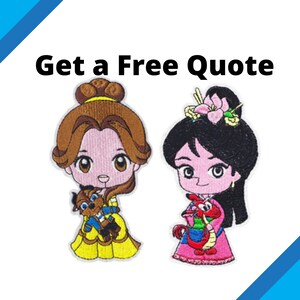 May include: Two embroidered iron-on patches featuring cartoon characters. The first patch is yellow and features Belle from Beauty and the Beast holding a brown and blue cartoon Beast. The second patch is pink and features a cartoon Mulan holding a red dragon.