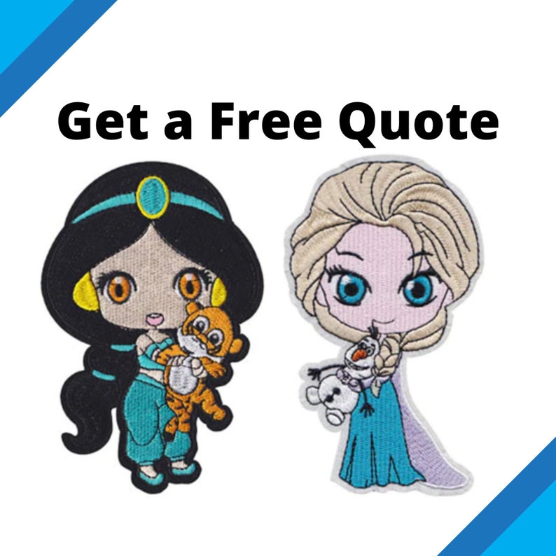 May include: Two embroidered iron-on patches featuring Disney characters. The first patch is of Jasmine from Aladdin, holding a tiger cub. The second patch is of Elsa from Frozen, holding Olaf the snowman. Get a Free Quote.