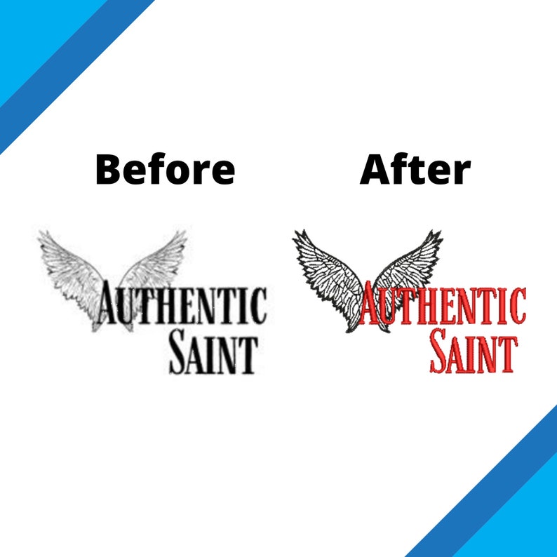 Pu&ograve; includere: Immagine prima e dopo di un design di logo. Il logo presenta un paio di ali d'angelo con il testo "AUTHENTIC SAINT" sotto. Il testo &egrave; nero nell'immagine prima e rosso nell'immagine dopo.