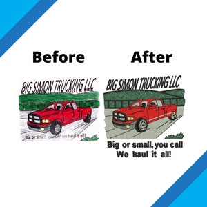 Pu&ograve; includere: Un'immagine prima e dopo del design di un logo per un'azienda di trasporti chiamata "Big Simon Trucking LLC". Il logo presenta un camioncino rosso che guida su una strada verde con montagne sullo sfondo. Il testo "Big or small, you call we haul it all!" &egrave; sotto il camioncino nell'immagine prima. L'immagine dopo mostra il logo con un aspetto pi&ugrave; raffinato e professionale.