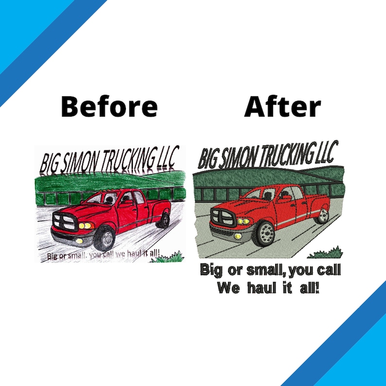 Pu&ograve; includere: Un'immagine prima e dopo del design di un logo per un'azienda di trasporti chiamata "Big Simon Trucking LLC". Il logo presenta un camioncino rosso che guida su una strada verde con montagne sullo sfondo. Il testo "Big or small, you call we haul it all!" &egrave; sotto il camioncino nell'immagine prima. L'immagine dopo mostra il logo con un aspetto pi&ugrave; raffinato e professionale.