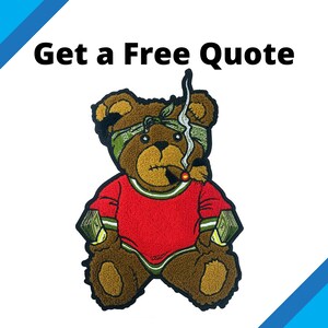 May include: A brown teddy bear wearing a green bandana and red shirt, holding a lit cigar and stacks of money. The bear is sitting with its legs crossed and has a mischievous expression. The text "Get a Free Quote" is written above the bear.
