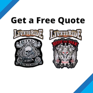 May include: Two black and white motorcycle patches featuring a skull design. The first patch reads "Live to Ride" and "Lucky 7" with a skull and motorcycle. The second patch reads "Live to Ride" and "Ride or Die" with a skull and wings.