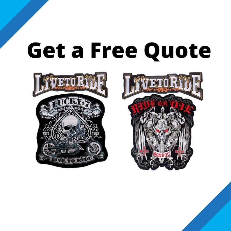 May include: Two black and white motorcycle patches featuring a skull design. The first patch reads "Live to Ride" and "Lucky 7" with a skull and motorcycle. The second patch reads "Live to Ride" and "Ride or Die" with a skull and wings.