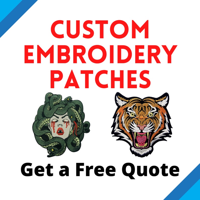 May include: Custom embroidered patches featuring a green and black Medusa and a tiger design. Get a free quote.