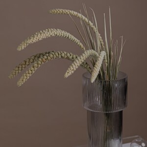 以下が含まれることがあります： 白い種子の頭を持つ乾燥した草の束が、リブの付いた透明なガラスの花瓶に入っています。花瓶は、透明なガラスのテーブルの上に置かれ、その下に本が積み重ねられています。