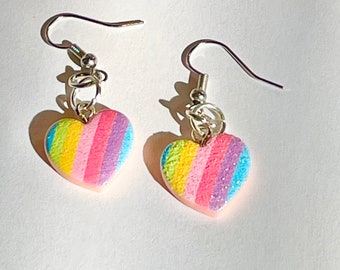 Striped Pastel Heart Earrings - Glittery Dangle