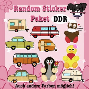 Könnte beinhalten: Eine Sammlung farbenfroher Aufkleber mit verschiedenen Fahrzeugen, Zeichentrickfiguren und Text. Die Aufkleber umfassen einen Wohnwagen, einen rot-weißen Transporter, ein grünes Auto, einen braun-orangenen Wohnwagen, einen braun-orangenen Transporter, ein gelbes Auto, einen schwarzen Maulwurf, eine gelbe Ente und einen Hund.