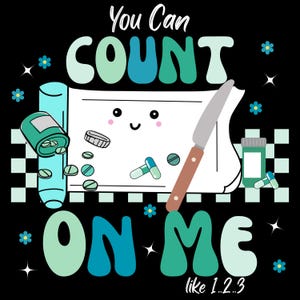 Pode incluir: Um frasco de pílulas branco com um rosto de desenho animado bonito e uma faca no topo. O frasco é cercado por pílulas e o texto "You Can Count On Me Like 1, 2, 3".