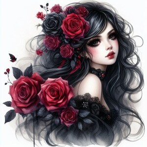Digital - Beautiful Gothic Woman in Black and Red Roses. Downloadable images for crafting and scrapbooking.