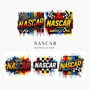 May include: A selection of vibrant NASCAR logo designs. Each logo displays the word "NASCAR" in a bold, stylized font, with checkered flags and paint splatter effects in red, yellow, blue, and black.