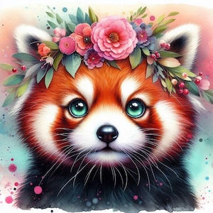 Digitaal: rode panda's met schattige bloemenkronen. Leuke digitale afbeeldingen voor knutselen en scrapbooking.