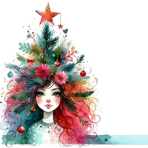 Numérique - une fille originale et colorée avec des cheveux de sapin de Noël.  Images numériques à créer pour les invasions de Noël, cartes, oeuvres d'art murales et plus encore