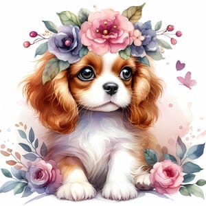 Digitale - Cani, Cavalier 1, Immagini digitali di Cavalier King Charles Spaniel con acquerello morbido per scrapbooking