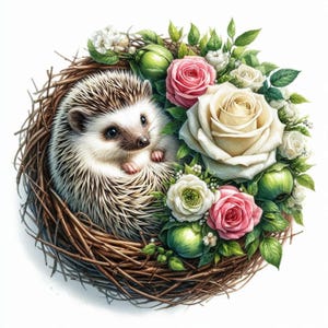 Numérique - Beau hérisson| roses, thème du printemps, images pour scrapbooking et loisirs créatifs, Pâques, anniversaire