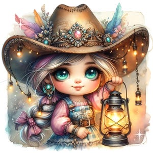 Digital - Hermosos gnomos de vaqueras con una linterna y detalles festivos en turquesa. Imágenes digitales para manualidades y álbumes de recortes.