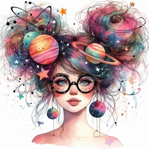 Digital -  Fun Quirky astronomy teacher with a space themed colorful hair.  Digital Images for your crafting needs.