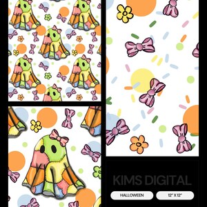 May include: Digital Halloween-themed design featuring colorful patchwork ghosts, pink bows, and orange flowers on a white background. The design includes orange and yellow circles, and sprinkles. The image is labeled "KIMS DIGITAL" and "12" x 12".