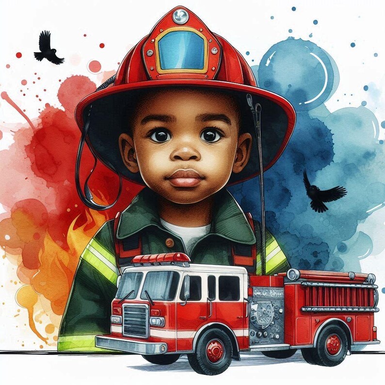 Digital Young Boy Wearing a Firefighter Uniform in Watercolor Style